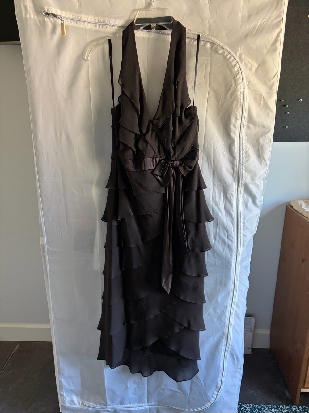 Black Tiered V-Neck Halter Dress with Sash